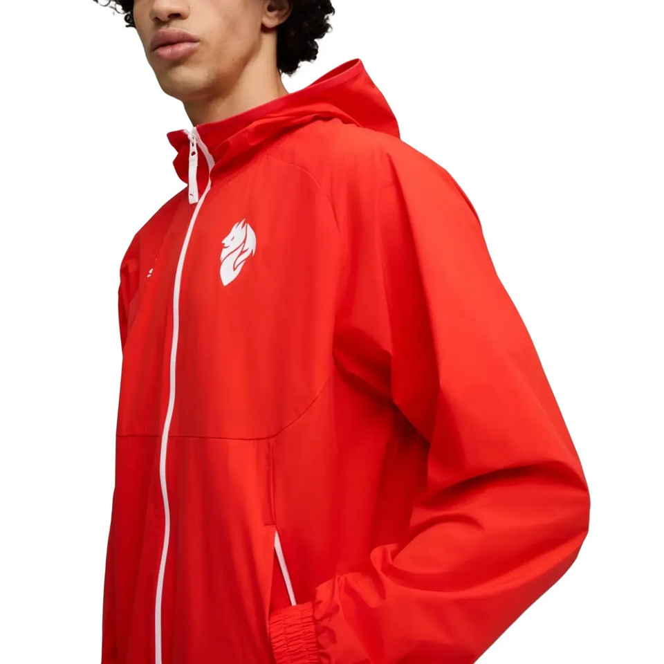 Red Puma AC Milan presentation suit 2025 26 with hood and side pockets on SoccerTracksuits.com