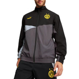 Black and gray Puma BVB woven presentation suit jacket with BVB logo and yellow Puma branding
