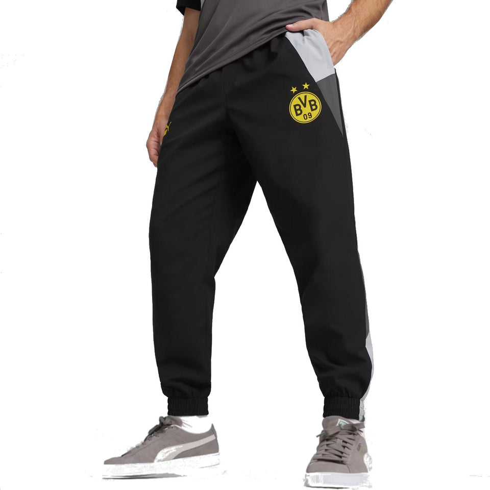 Black Puma BVB woven presentation suit pants with yellow BVB logo and gray side panels