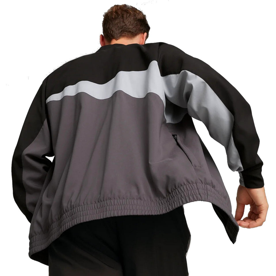 Back view of Puma BVB woven presentation suit tracksuit jacket in black and gray with elastic hem