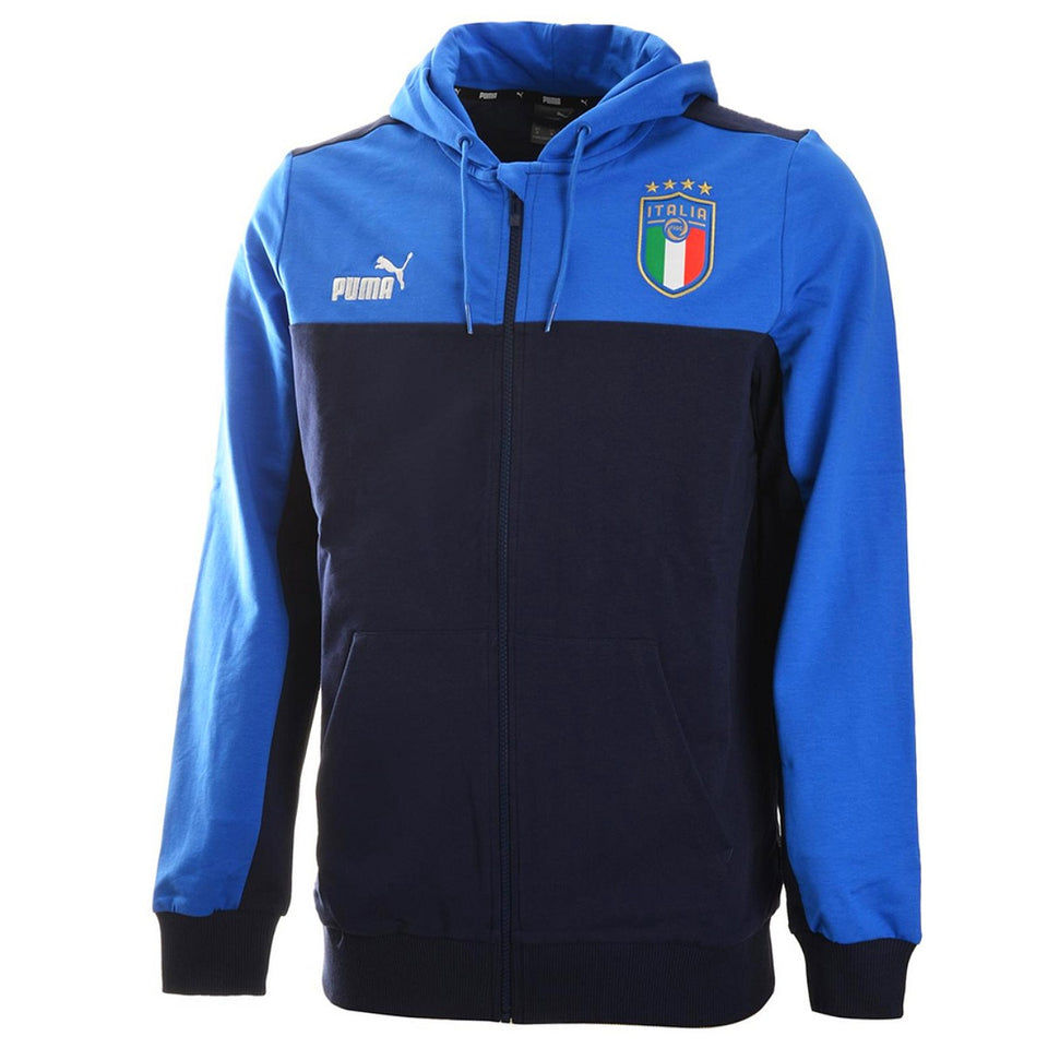 Puma Italy fan cotton tracksuit jacket in blue with logo and hood for soccer enthusiasts