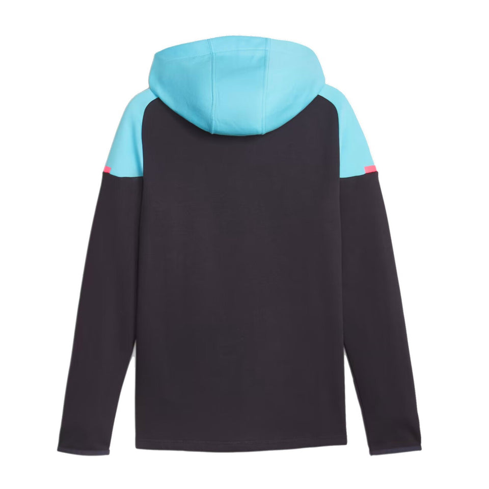 Back view of Puma Man City hooded tracksuit jacket in black with light blue hood and shoulder panels