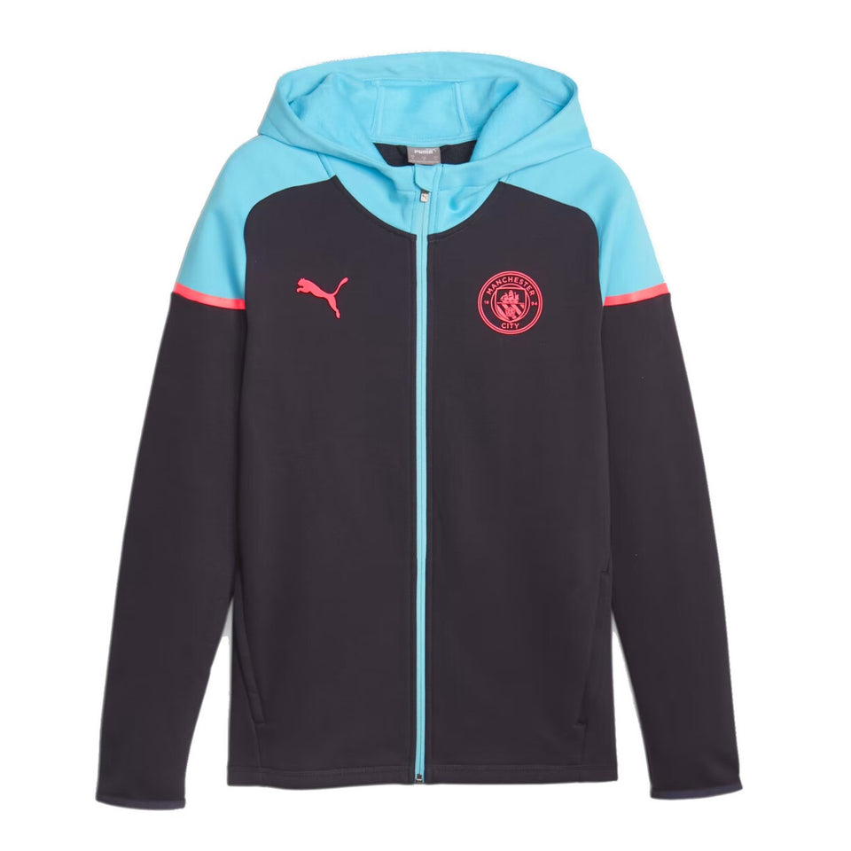 Puma Man City hooded tracksuit in black and blue with pink accents and full zip front