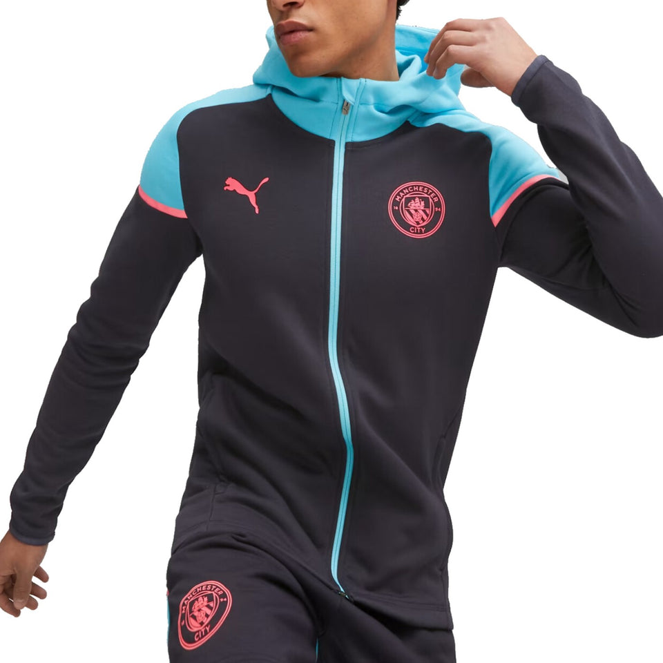Puma Man City hooded tracksuit in black and blue with pink accents and Manchester City logo