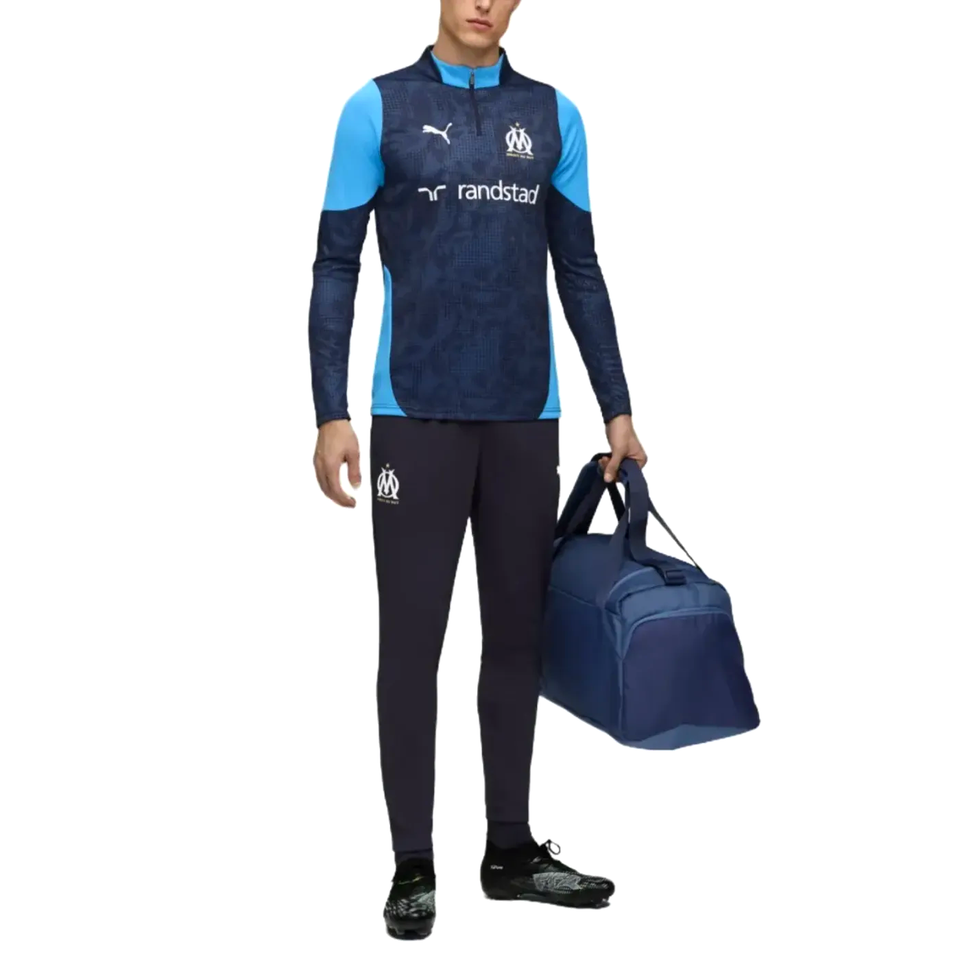 Puma Marseille training suit navy 2025 with long sleeves and matching bag for soccer enthusiasts