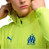 Bright yellow Olympique Marseille rain jacket 2025 with logo and zipper for sports enthusiasts