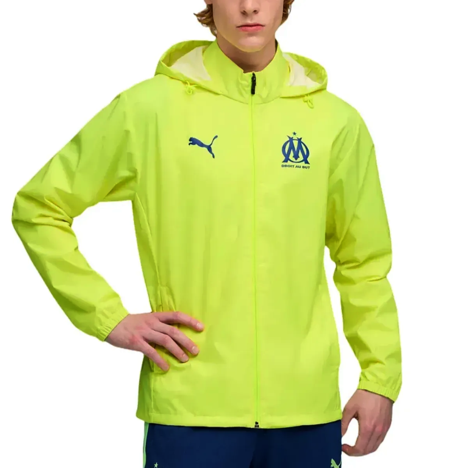 Men's Olympique Marseille rain jacket 2025 in bright yellow with logo and hood