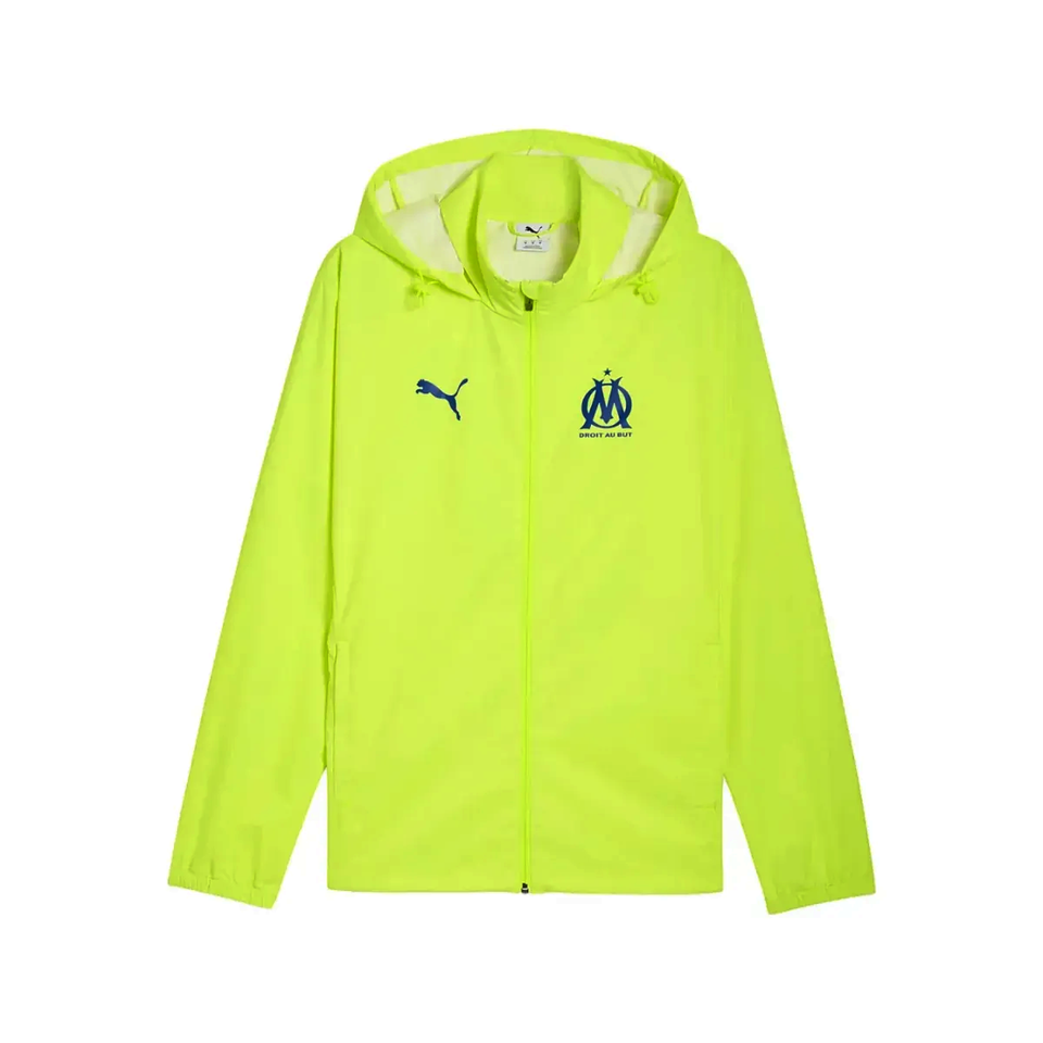 Bright yellow Olympique Marseille rain jacket 2025 with logo, perfect for fans and rainy outings