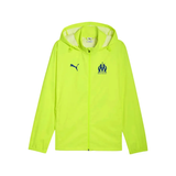 Bright yellow Olympique Marseille rain jacket 2025 with logo, perfect for fans and rainy outings