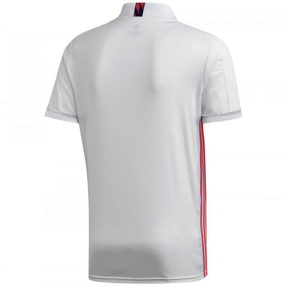 Back view of Real Madrid 2020 21 home jersey showcasing a sleek white design with red accents