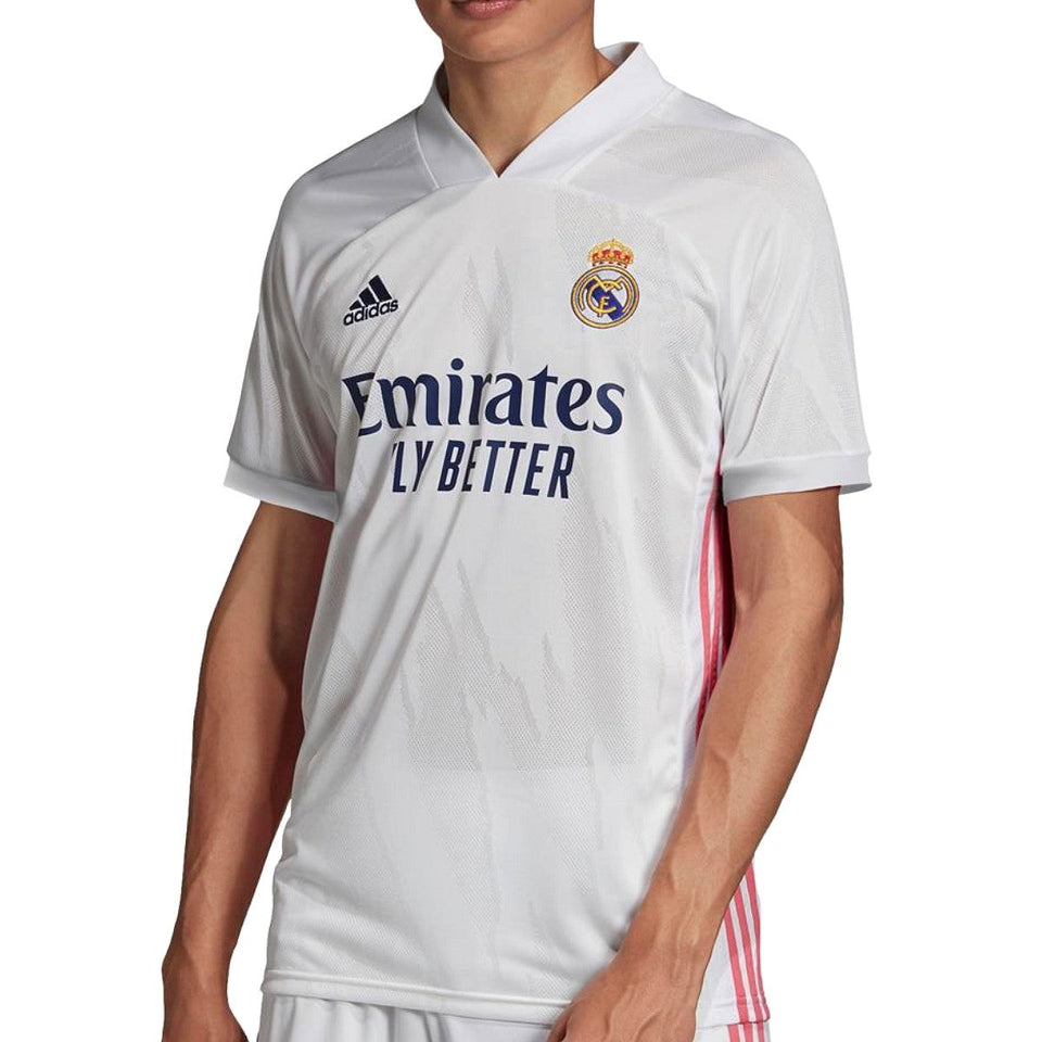 Real Madrid 2020 21 home jersey in white with club logo and Emirates sponsorship