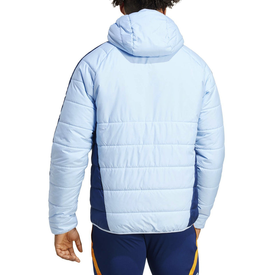 Back view of the Real Madrid padded bench jacket 2024 in light blue with contrasting navy panels
