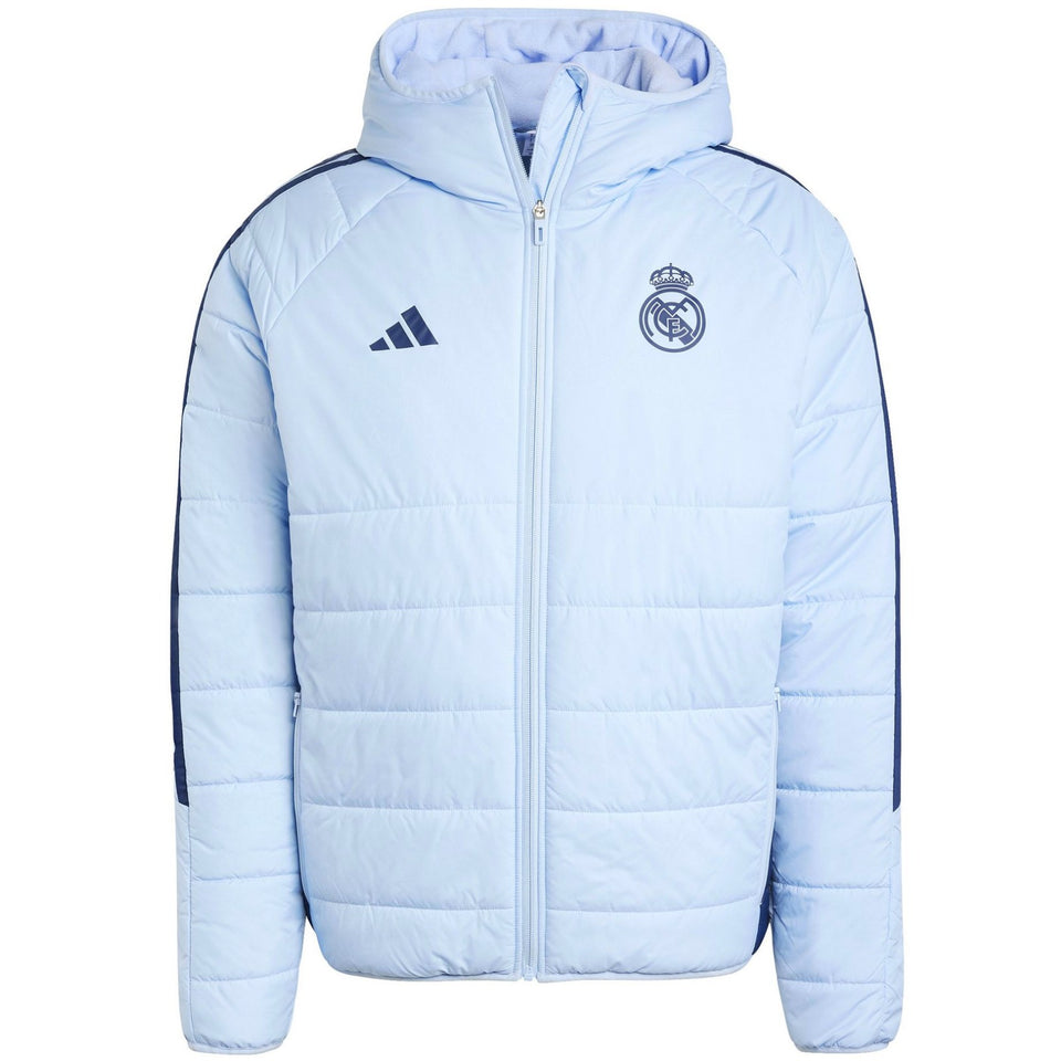 Real Madrid padded bench jacket 2024 in light blue with hood and signature team logo