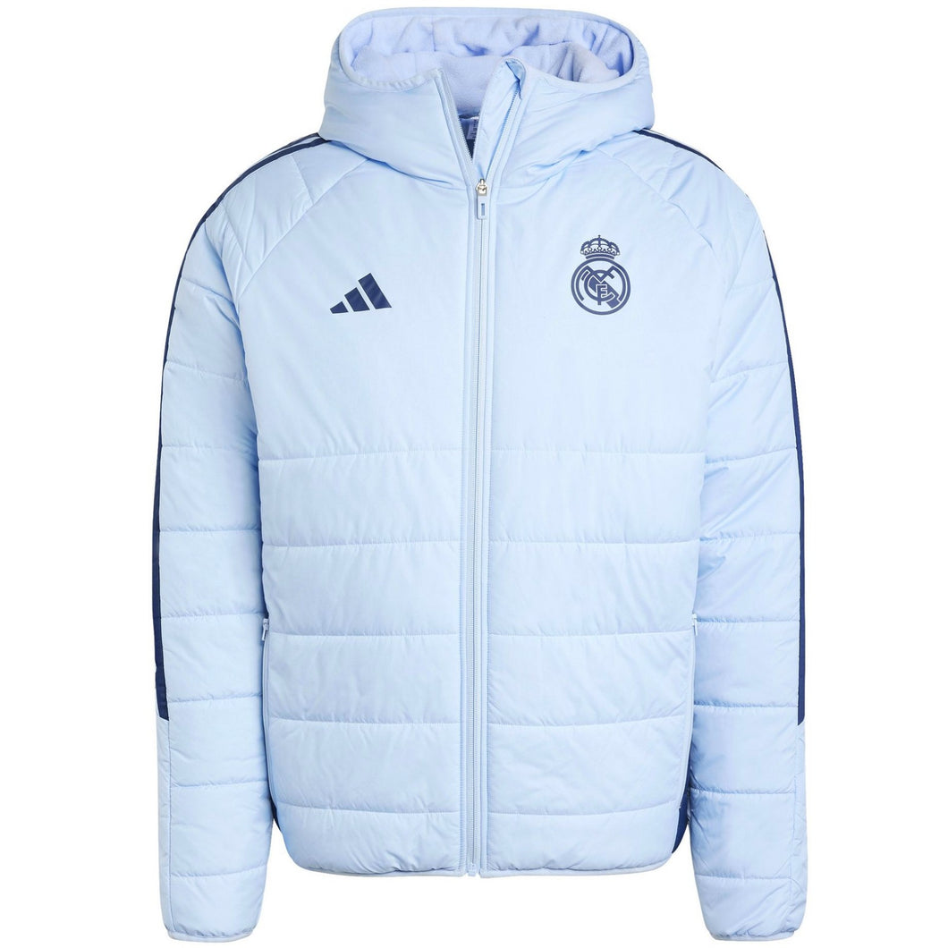 Real Madrid padded bench jacket 2024 in light blue with hood and signature team logo
