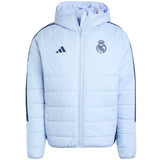 Real Madrid padded bench jacket 2024 in light blue with hood and signature team logo