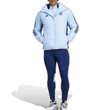 Real Madrid padded bench jacket 2024 in light blue with hood and Adidas stripes for fans and players