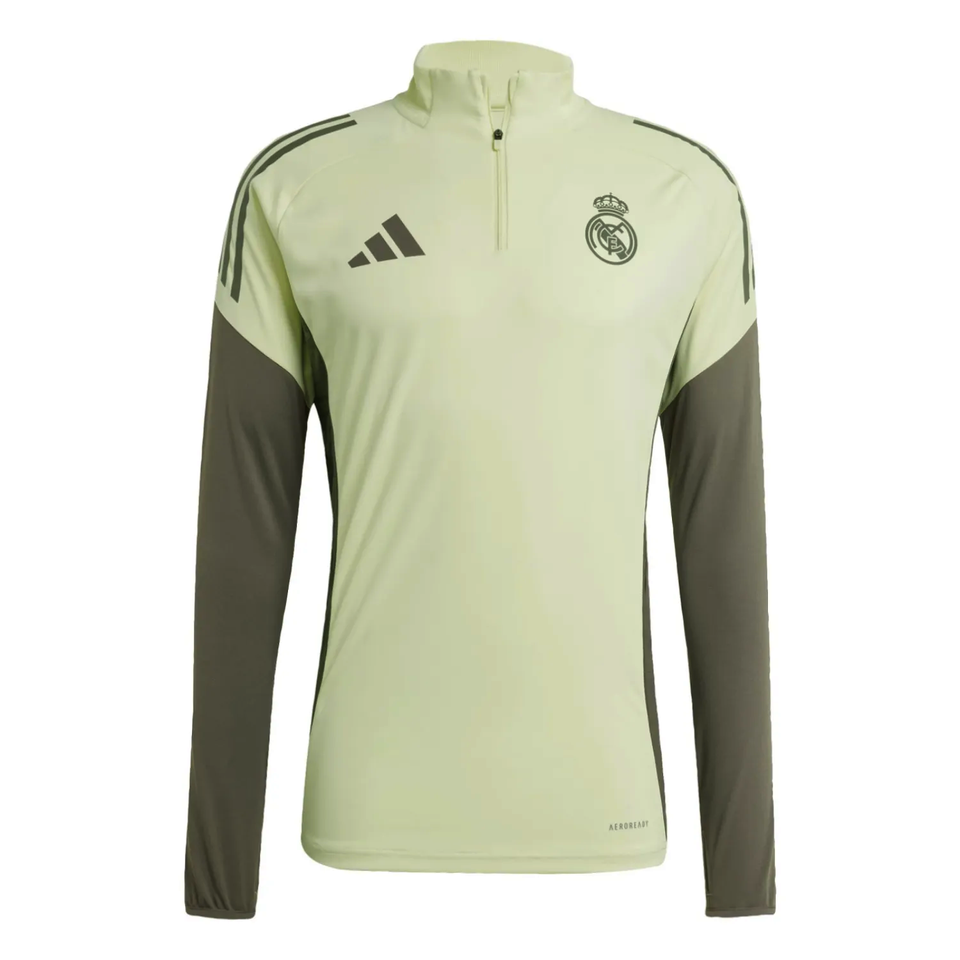 Real Madrid training tracksuit 2025 in light green with dark sleeves, ideal for practice and casual wear