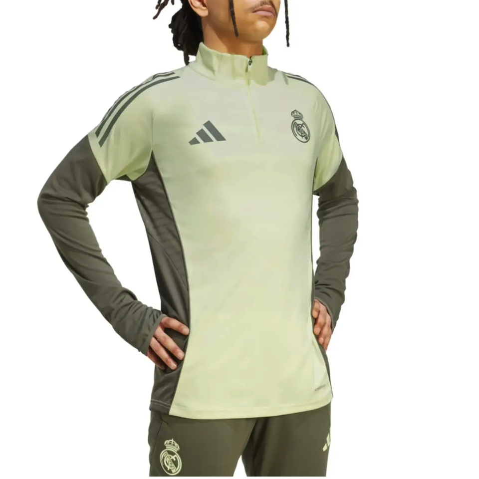 Real Madrid training tracksuit 2025 in light green with adidas branding and zip collar for soccer players