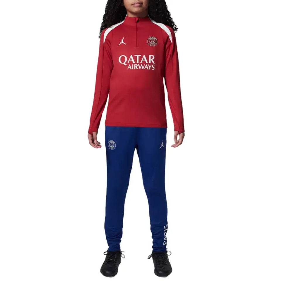 Red Jordan PSG training tracksuit for kids with Qatar Airways logo and blue pants on SoccerTracksuits.com