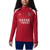 Red Jordan PSG training tracksuit for kids featuring a zip-up top and logo design