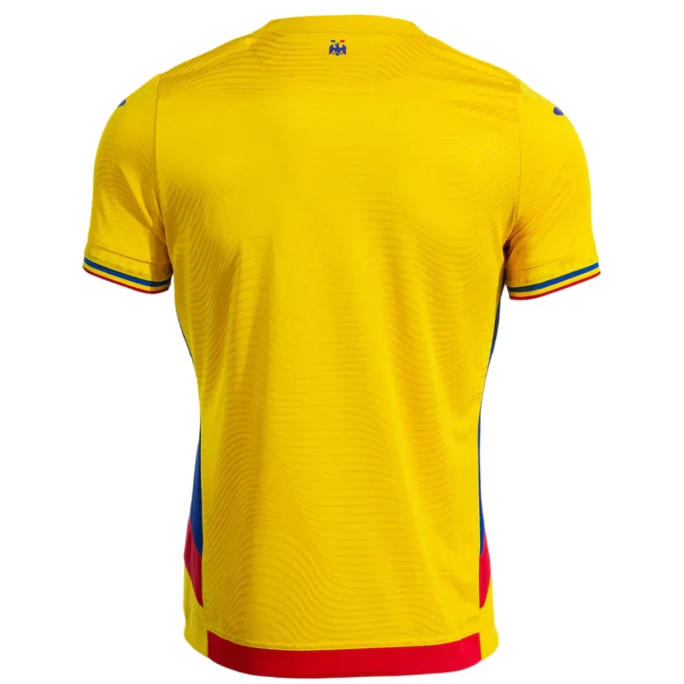 Back view of Romania national team jersey Joma in vibrant yellow with colorful accents