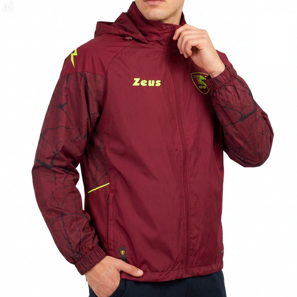 Maroon Salernitana jacket with 'Zeus' branding on a white background