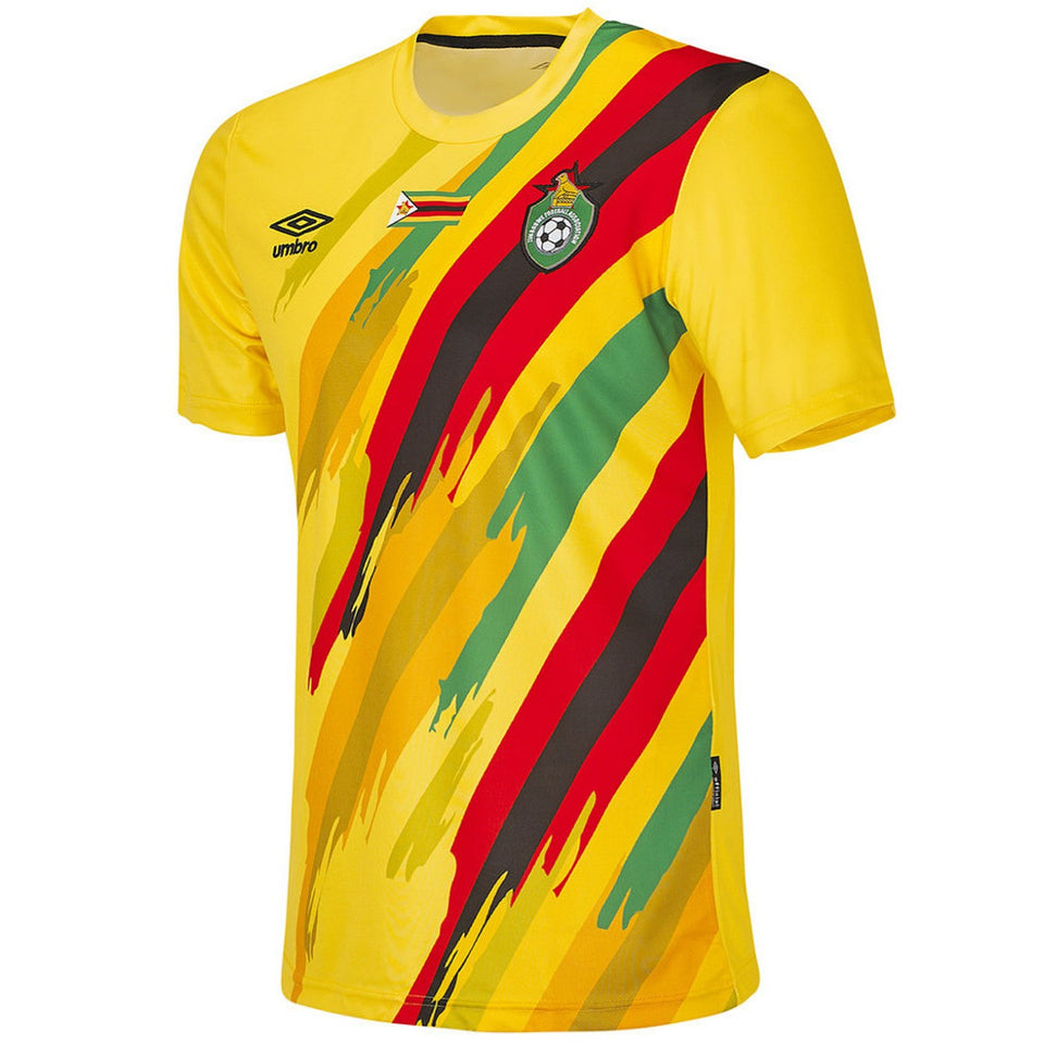 Yellow Zimbabwe soccer jersey with red green black brush stripes and national crest Umbro logo buy Zimbabwe soccer jersey online