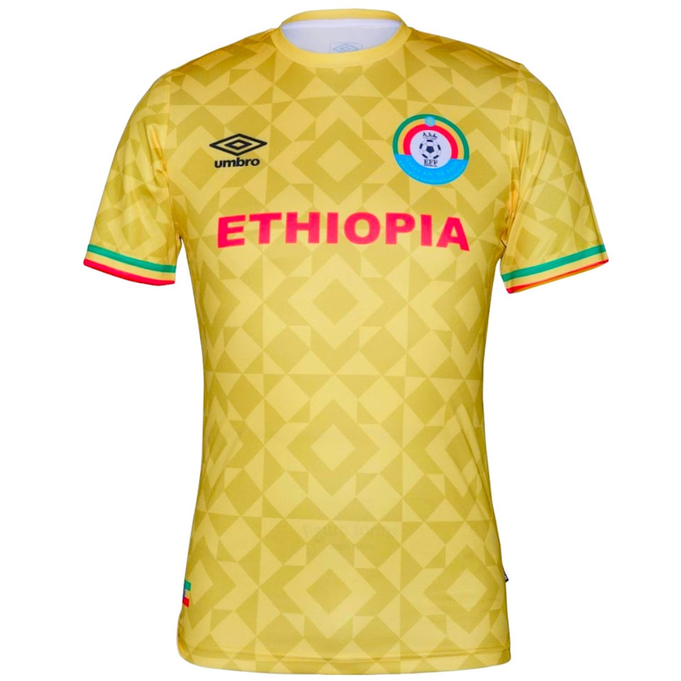 Umbro Ethiopia yellow jersey with unique pattern and colorful accents for soccer enthusiasts