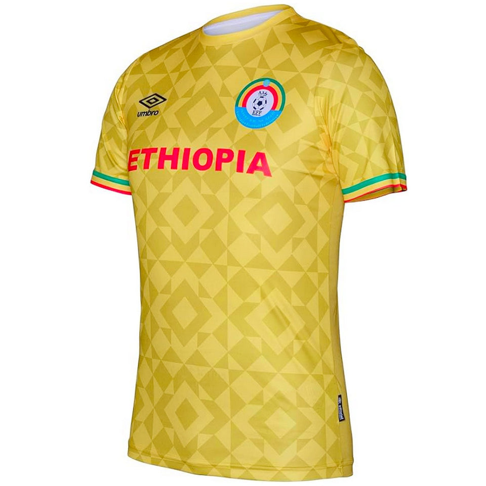 Umbro Ethiopia yellow jersey featuring a geometric pattern and vibrant colors for soccer fans