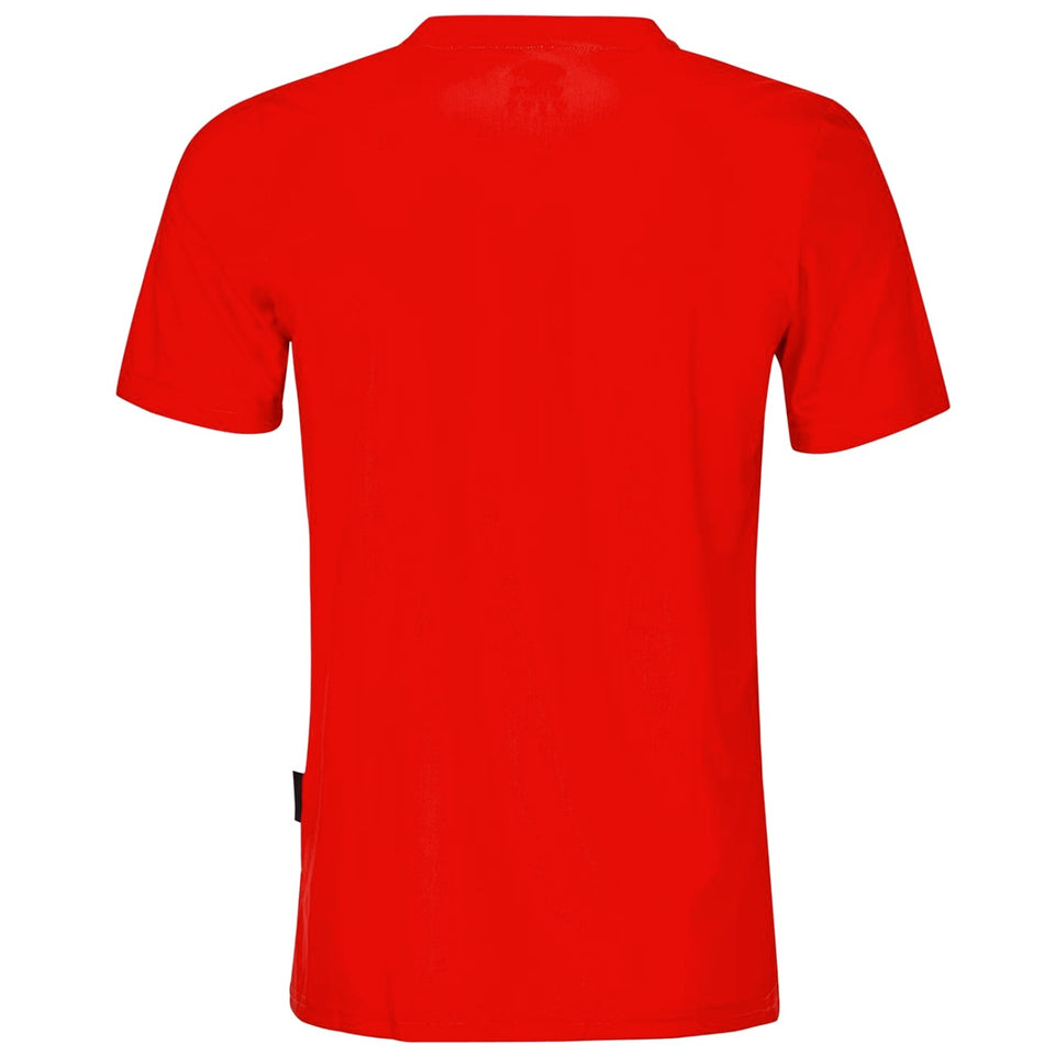 Back view of plain red official Namibia soccer jersey . Short sleeve crew neck breathable fan shirt
