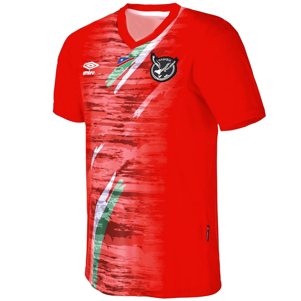 Red official Namibia soccer jersey with brush stroke flag accents Umbro logo V neck short sleeves
