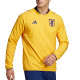 Person wearing a Japan yellow sports jersey with an Adidas logo on a white background