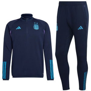 Adidas Argentina training suit navy featuring a quarter-zip pullover and matching tapered pants