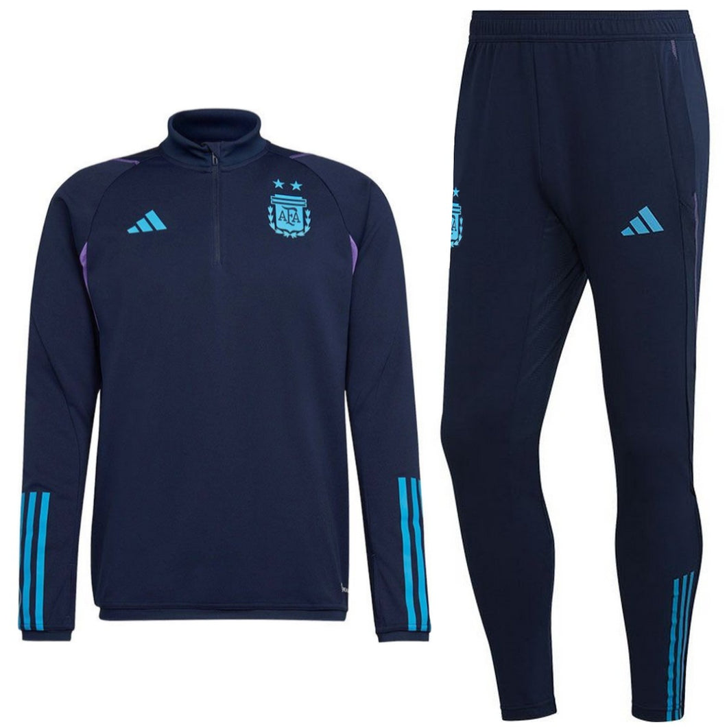 Adidas Argentina training suit navy featuring a quarter-zip pullover and matching tapered pants
