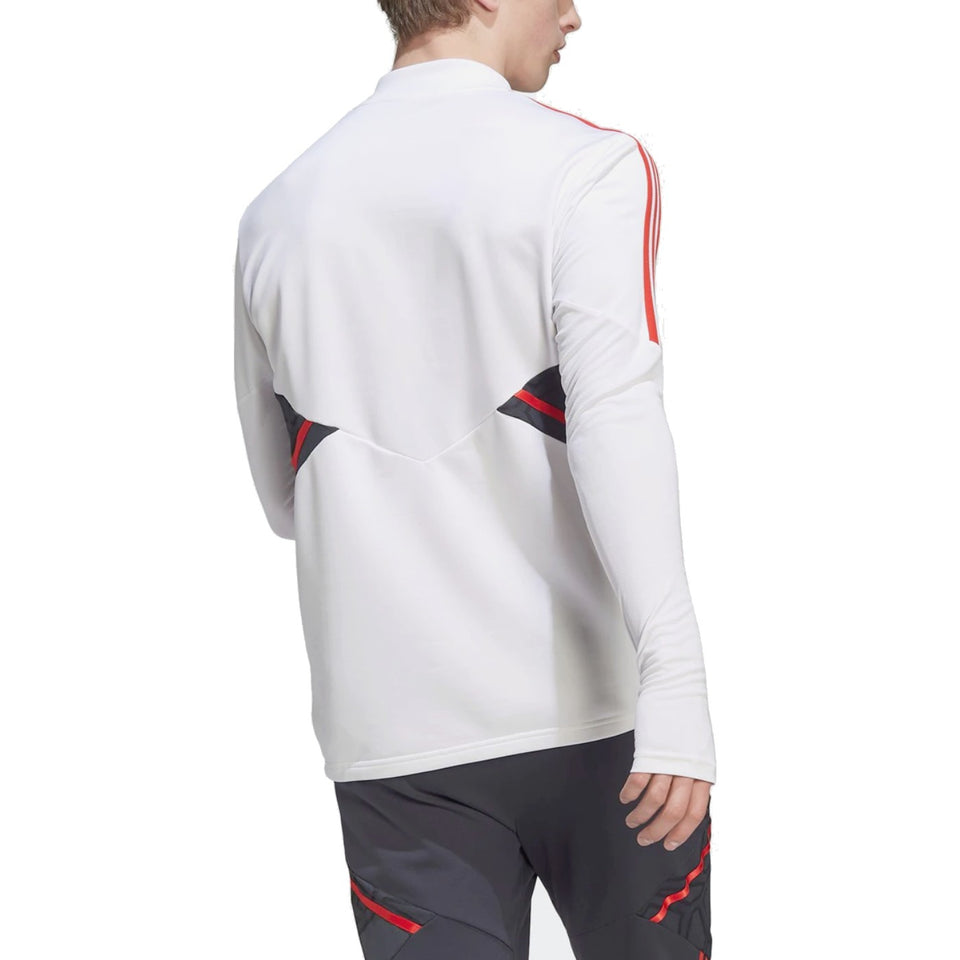 Bayern Munich technical tracksuit men white long sleeve training top back view with red sleeve stripes and black red vents