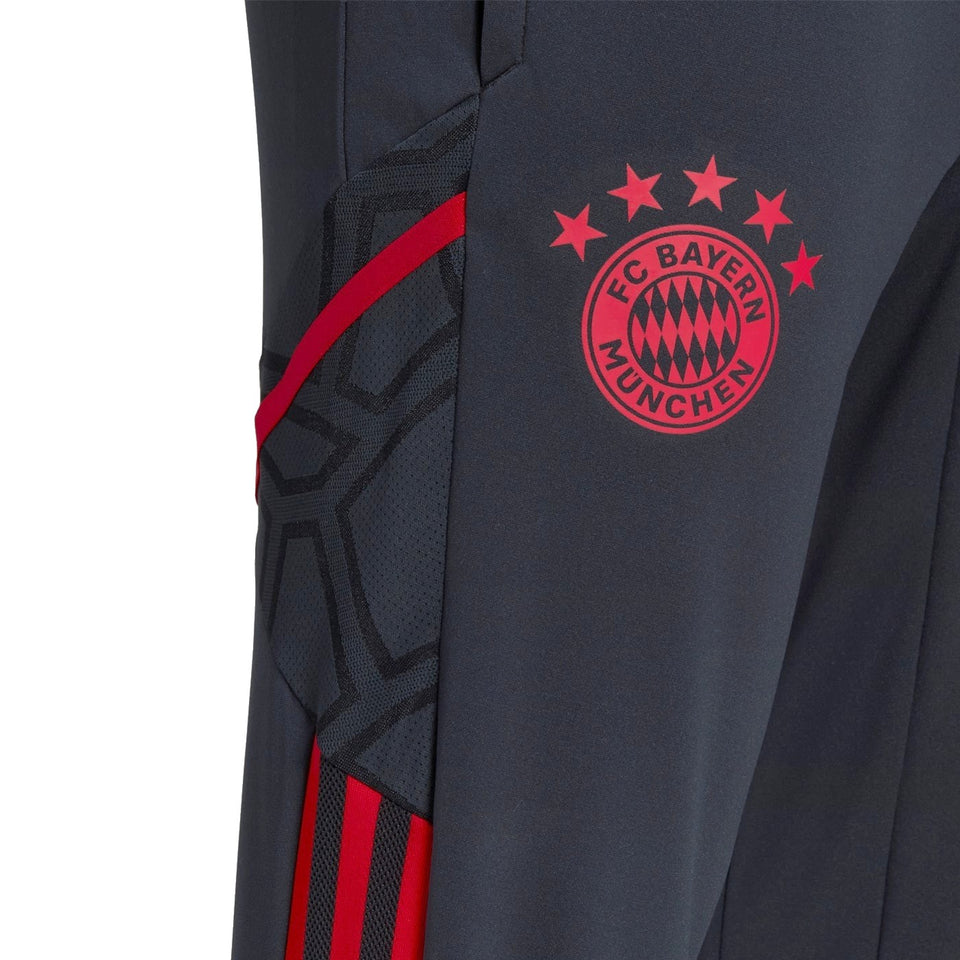 Close up of dark gray training pants with red FC Bayern crest and red stripes Bayern Munich technical tracksuit men