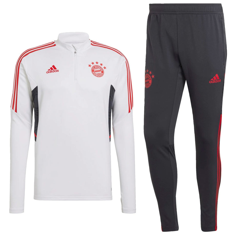 Bayern Munich technical tracksuit men white zip top with red stripes and gray tapered training pants