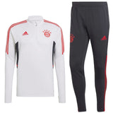 Bayern Munich technical tracksuit men white zip top with red stripes and gray tapered training pants
