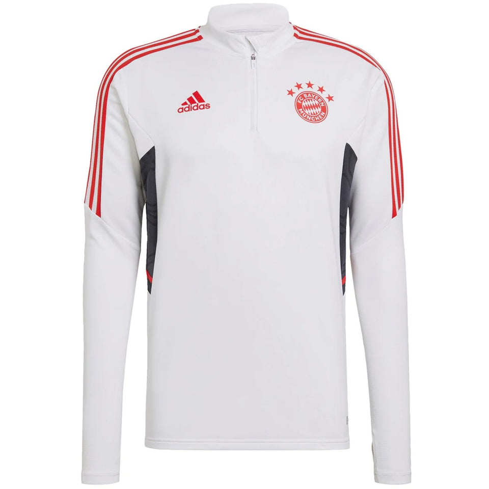 Bayern Munich technical tracksuit men white quarter zip training top with red Adidas stripes and club crest