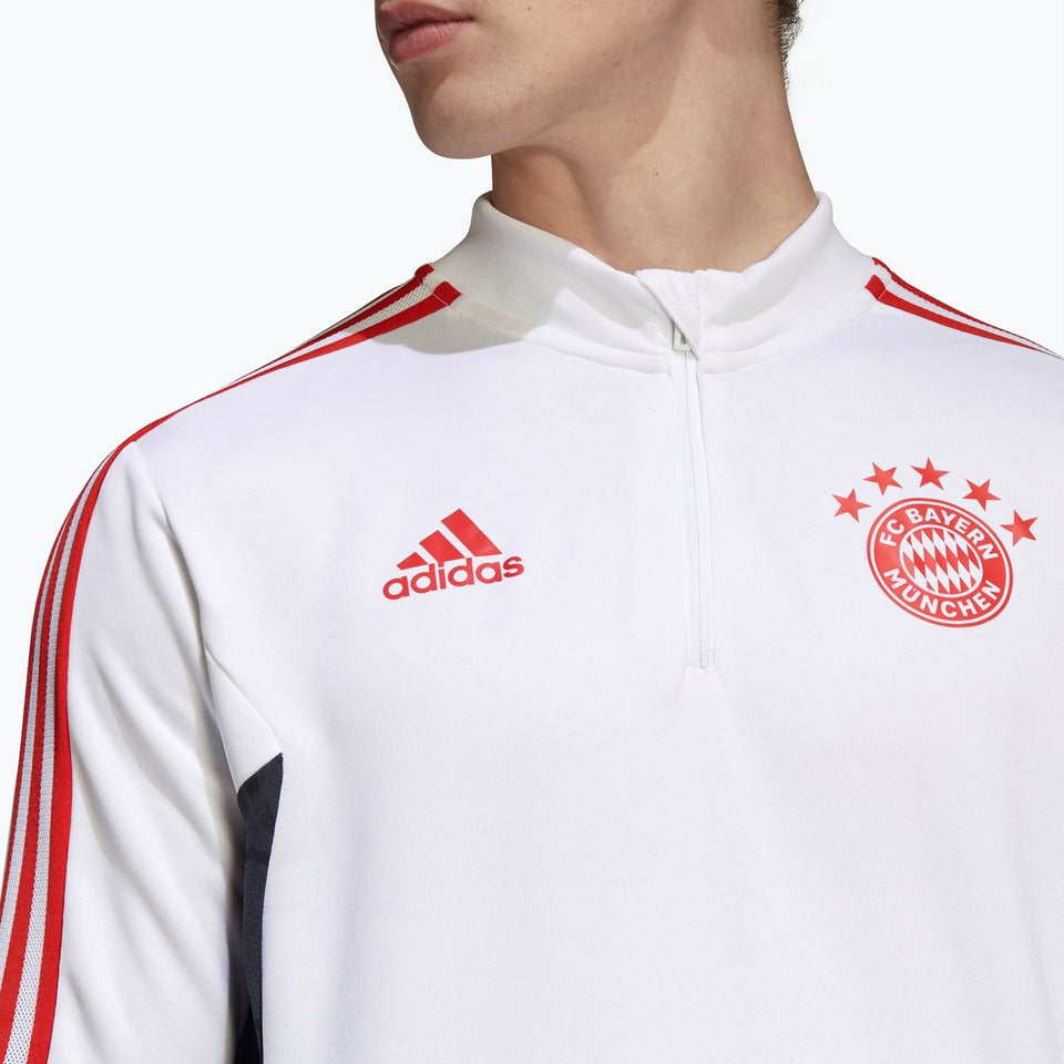 White Adidas quarter zip top with red three stripes and FC Bayern crest on chest Bayern Munich technical tracksuit men