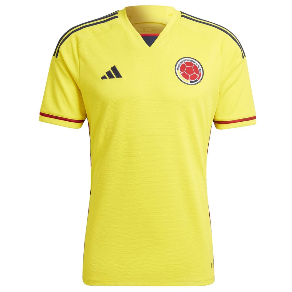 Colombia home soccer jersey 2022 in yellow with black and red detailing from SoccerTracksuits.com