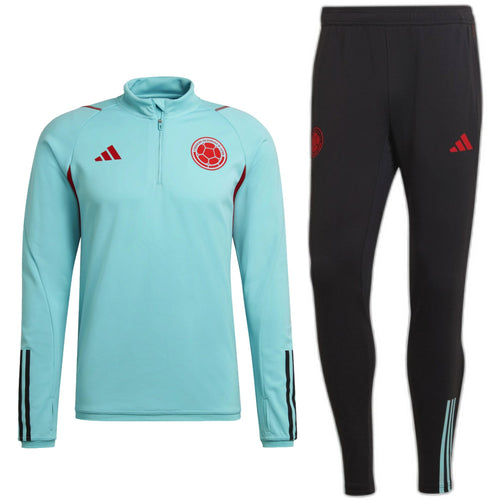 Adidas Colombia training tracksuit 2022 featuring a light blue top and black pants for soccer enthusiasts