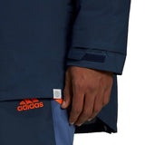 Close-up of Manchester United bench parka jacket 2022 featuring durable fabric and adjustable cuffs