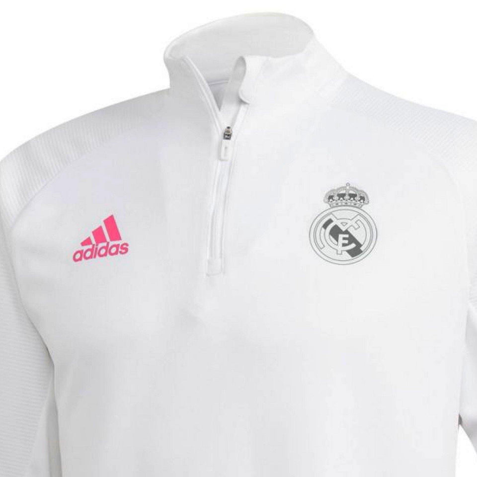 White Adidas Real Madrid sweat top with quarter zip and pink Adidas logo for soccer tracksuits