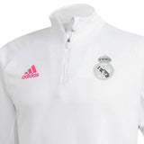 White Adidas Real Madrid sweat top with quarter zip and pink Adidas logo for soccer tracksuits