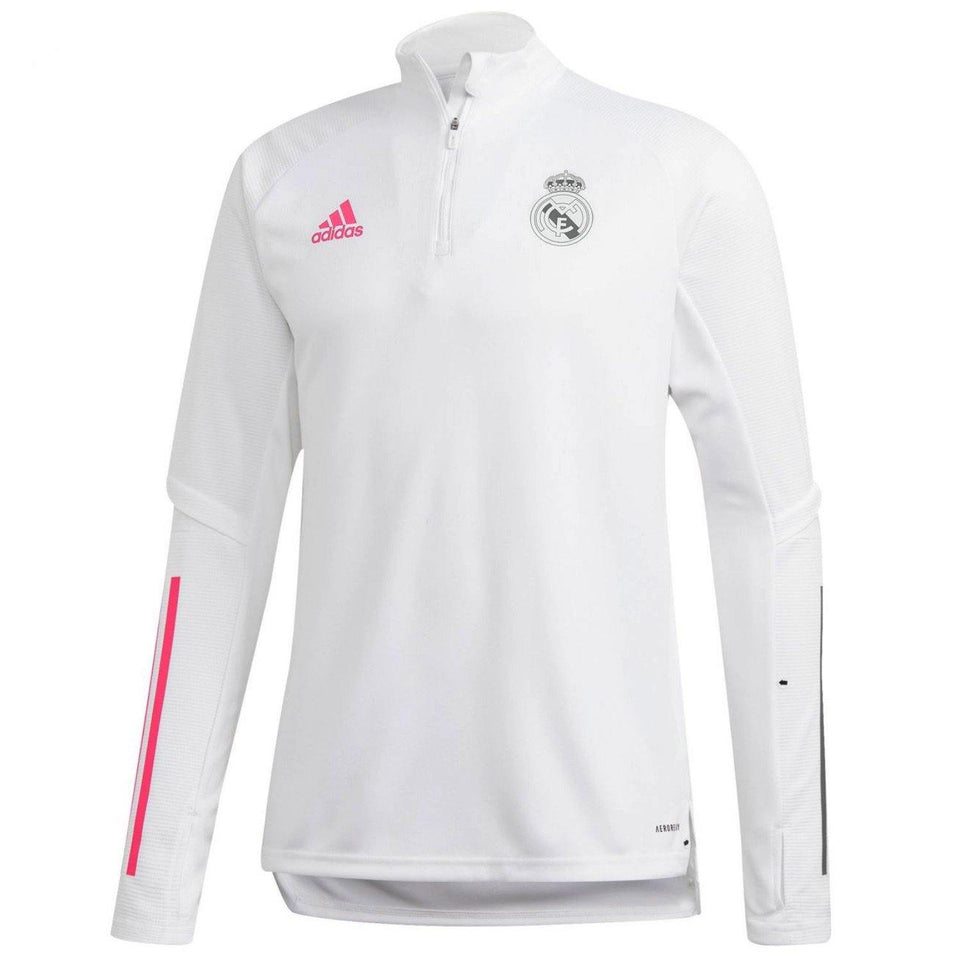 White Adidas Real Madrid sweat top with quarter zip and pink Adidas logo  on SoccerTracksuits.com
