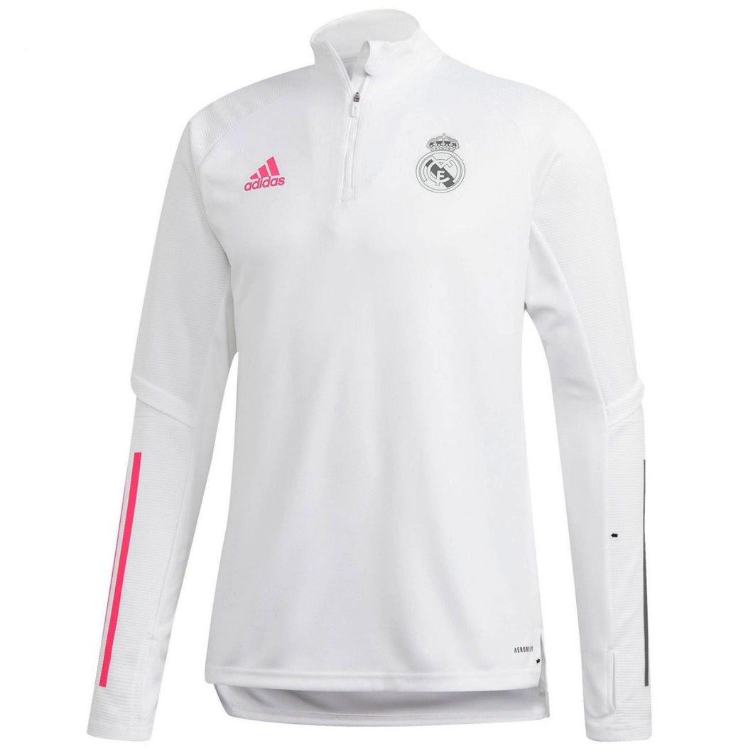 White Adidas Real Madrid sweat top with quarter zip and pink Adidas logo  on SoccerTracksuits.com
