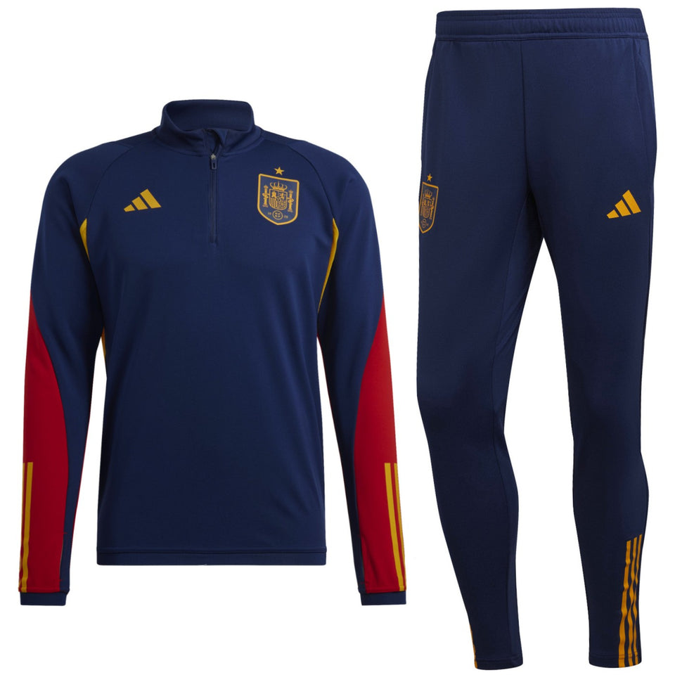 Adidas Spain training tracksuit navy 2022 featuring a zippered top and matching pants for soccer training