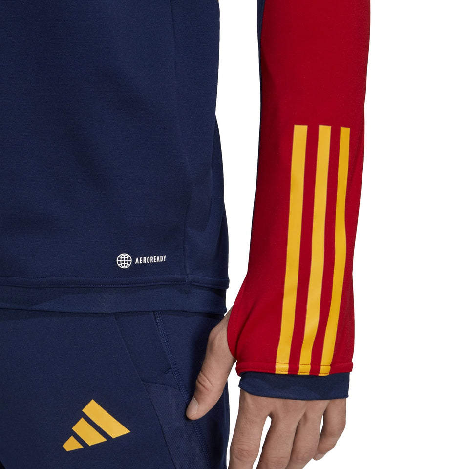 Adidas Spain training tracksuit navy 2022 featuring red sleeves and yellow detailing for comfort during workouts