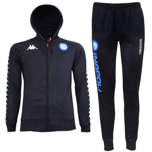 Kids Napoli soccer tracksuit black jacket and pants with blue Napoli logo on SoccerTracksuits.com